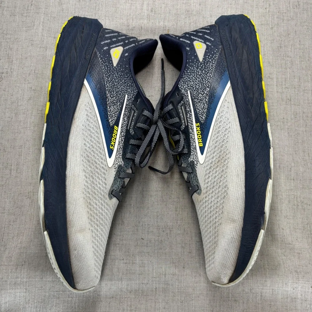 Brooks Launch 10 Shoes Navy Blue White Yellow Mesh Running Sneaker Men's Size 12